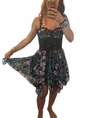 Dolls Kill  Floral Lace-Up Black and Pink Fit & Flare Dress